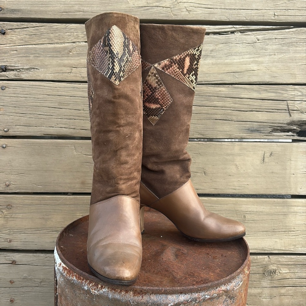 Vintage Brown Leather and Suede Boots Sz 8 - Picture 1 of 14